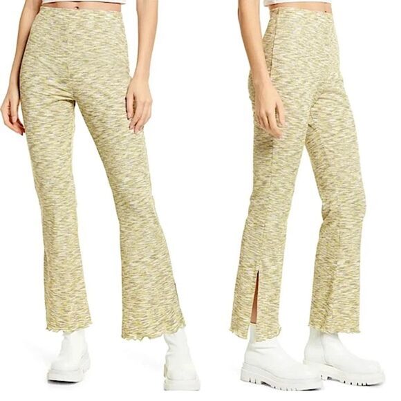 Lisa Says Gah Josie Pant Honeydew M Ribbed Space Dyed Split Flared Hem High Rise - Picture 1 of 15